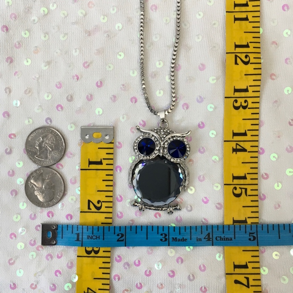 Owl Crystal Rhinestone Necklace Blue Grey - Picture 3 of 5